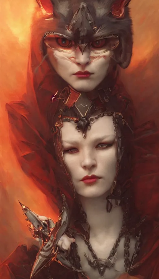 Prompt: epic masterpiece portrait of evil kitten vampire, hyperrealistic, octane render, cinematic, by Edgar Maxence and Ross Tran and Michael Whelan, Legends of Runeterra