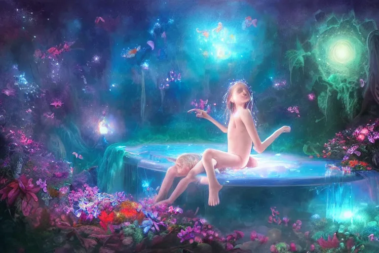 Prompt: a child falling into the pool of fantasy in her dreams, bed, psychedelic, whimsical, 4k, beautiful, a crystal and flower, reflective pool, surrounded by gems, underneath the stars, rainbow fireflies, trending on patreon, deviantart, twitter, artstation, volumetric lighting, heavy contrast, art style of Greg Rutkowski and Miho Hirano and Ross Tran