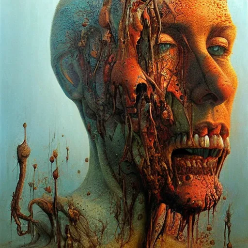 Prompt: the divine wrath of god, body horror, biopunk, oil on canvas, creative design, by zdzisław beksinski, marco mazzoni, peter gric