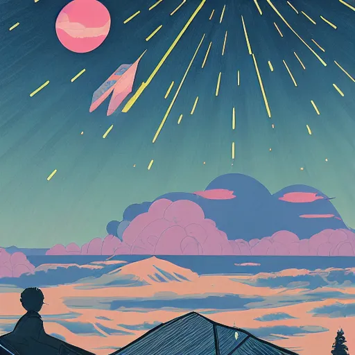 Image similar to colorful ilya kuvshinov, mcbess, rutkowski, illustration of an amazing meteor shower