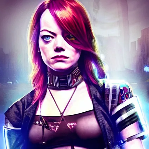 Prompt: full shot photo of emma stone as a cyberpunk amazon warrior