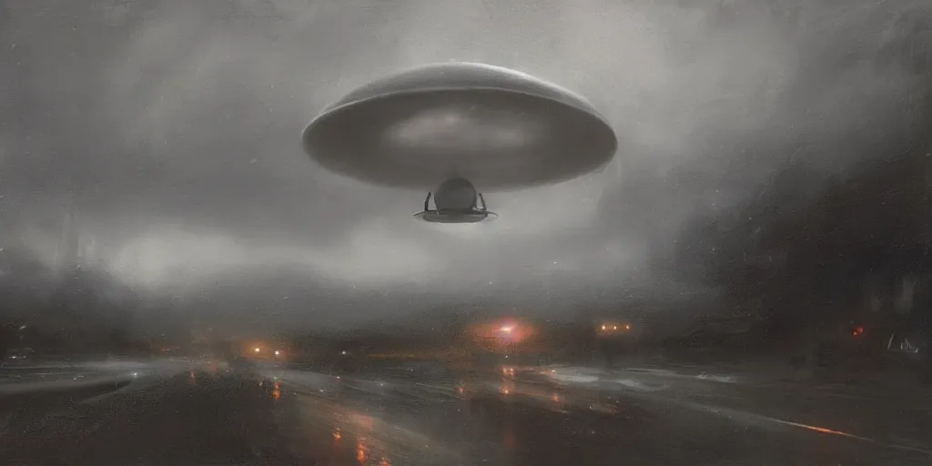 Image similar to epic cinematic concept art of an ufo during an giant, cloudy, foggy, storm, night setting. realistic shaded lighting poster by craig mullism, jeremy lipkin and michael garmash, radiant light, detailed and intricate environment, digital art, trending on art station, monochromatic noir