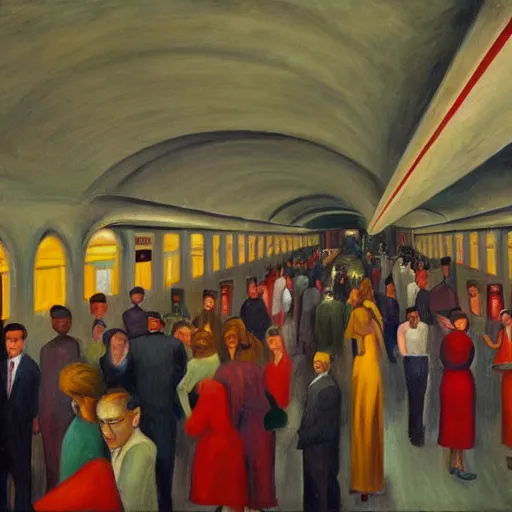 Image similar to crowded subway station interior, art deco, brutalism, dystopian, pj crook, edward hopper, oil on canvas