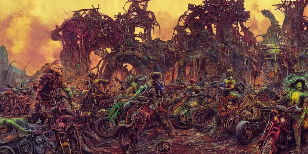 Image similar to psychedelic post apocalyptic orcish biker gang, scifi city ruins, sharp focus, psychedelic colors, boris vallejo, michael whelan