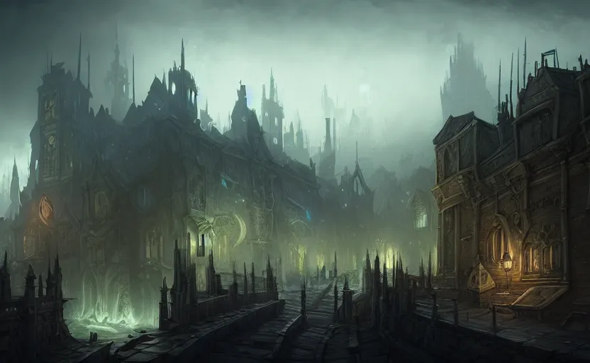 Image similar to extreme long shot concept art depicted old english majestic town, dramatic mood, overcast mood, dark fantasy environment, detailpunk, art inspired by league of legends and arcane, style by jason engle and jordan grimmer, trending on artstation, unreal engine, golden ratio, spectacular composition, realistic architecture