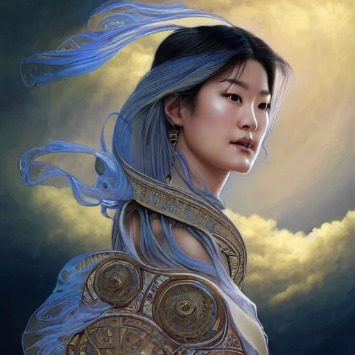 Prompt: jun ji hyun as symmetrical portrait of the goddess of the sky, d & d, fantasy, intricate, elegant, highly detailed, digital painting, artstation, smooth, sharp focus, illustration, art by artgerm and greg rutkowski and alphonse mucha, technomancer astronaut with an epic cosmic background