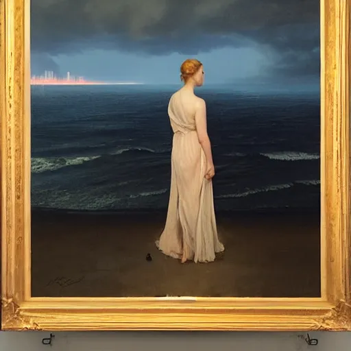 Prompt: silhouette of a Elle Fanning gazing out at the stormy ocean, extremely detailed masterpiece, oil on canvas, Blade Runner 2049, low-key neon lighting, artstation, by J. C. Leyendecker and Peter Paul Rubens,