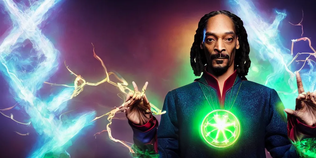 Image similar to snoop dogg as the doctor strange, marijuana leaves, green light, highly detailed, marvel cinematic universe, mcu, photo