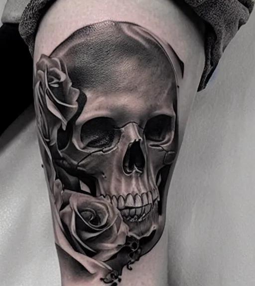 Image similar to a beautiful tattoo design with a creative skull, hyper realistic, black and white, realism, highly detailed