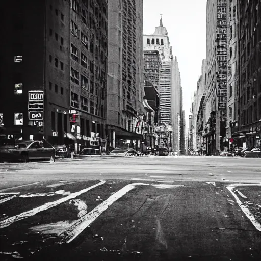 Image similar to photo of abandoned New York city street at night after the war between humans and AIs, film grain, soft vignette, Canon EOS Digital Rebel XTi, 100-300mm Canon f/5.6, Exposure time: 1/160, ISO 400