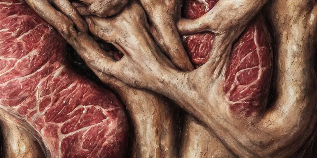 Prompt: details of growing flesh and skin, meat and bark, skin texture details, painitng, wrinkles and muscle tissues, branches, wound, oil on canvas, 4k, 8K, photorealistic, soft spot light, cinematic lighting, sharp focus, contrasting, hyperrealistic painting