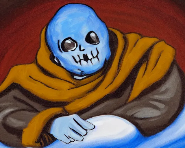 Image similar to oil painting of sans sitting in a mountain during winter