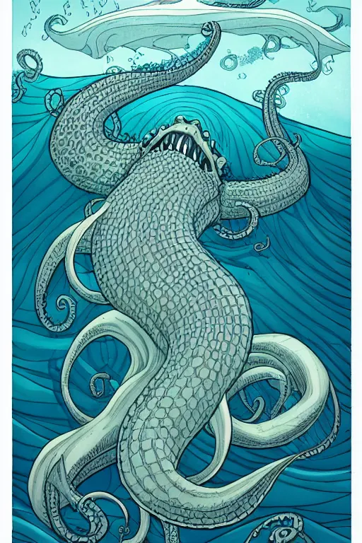 Prompt: comic cover art of a giant kraken sea monster emerging from a stormy sea, by jenny frison and sana takeda, intricate details, stunning inking lines, flat colors, 4 k, hd, artstation