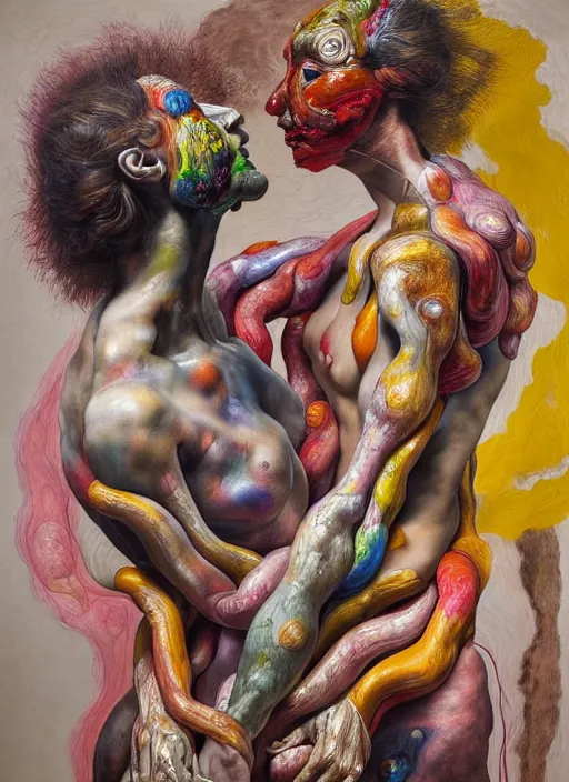 Prompt: a strange, biomorphic painting of two humanoid figures entwined and draped in vibrant coloured silk, in the style of jenny saville, in the style of charlie immer and arcimboldo, highly detailed, dramatic, emotionally evoking, head in focus, volumetric lighting, oil painting, timeless disturbing masterpiece