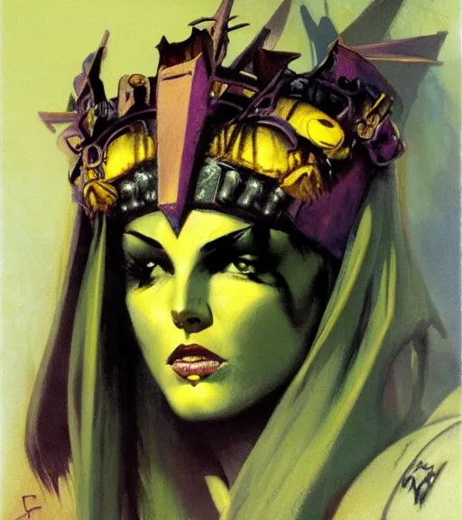 Prompt: evil princess of the wasteland, scrap metal headdress, strong line, deep color, yellow purple, cloudy sky, beautiful! coherent! by brom, by frank frazetta, low angle