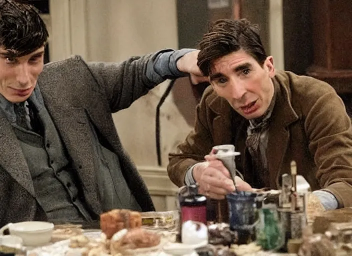 Prompt: Thomas Shelby (portrayed by Cillian Murphy) shoots Ross Geller ( portrayed by David Schwimmer) in an episode of TV sitcom Friends.