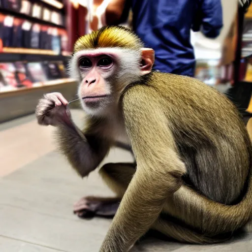 Image similar to a monkey with long blonde hair, shopping at a mall,