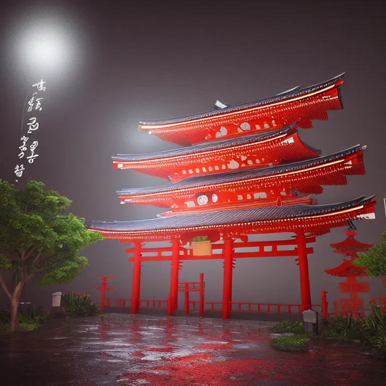 Prompt: a tall brightly lit cyberpunk shinto shrine at night, reflection visible in scattered rain puddles, octane ray tracing, volumetric light, trending on artstation, three point perspective, depth of field