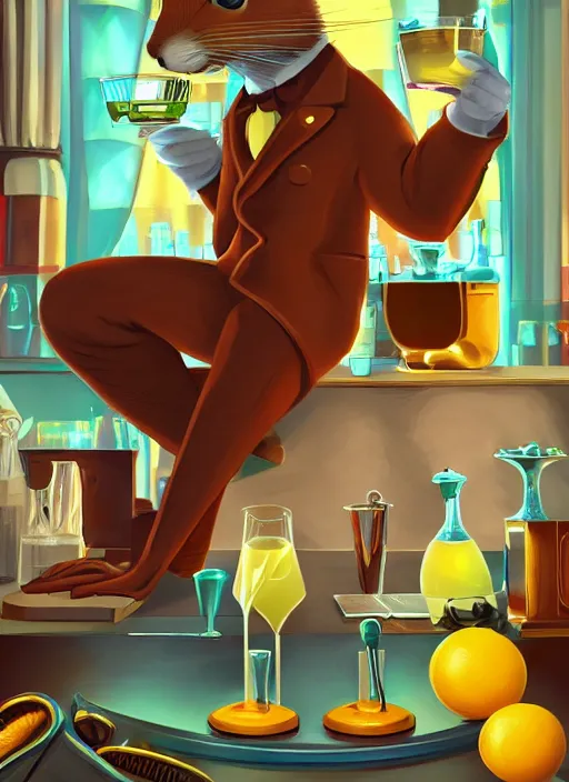 Prompt: squirrel anthro as a dapper bartender with a big fluffy tail, retro futurism, art deco, detailed painterly digital art, 🐿🍸🍋, furaffinity, trending on artstation