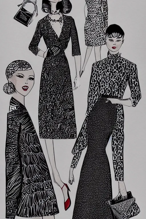 Image similar to a detailed high fashion illustration of a atomic style mid century outfit