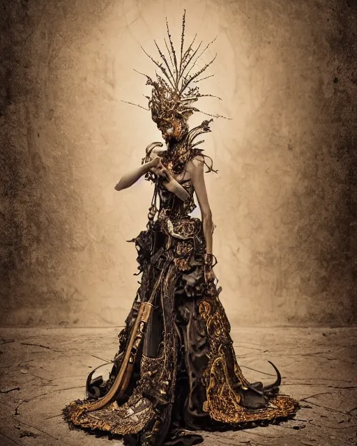 Prompt: a portrait of female by stefan geselle and nekro borja, steampunk, photorealistic, intricate details, hyper realistic, fantasy, elegant, baroque gold headpiece, photorealistic, canon r 3, photography, wide shot, symmetrical features, wide angle shot, head to toe, standing pose, feet on the ground, wearable art