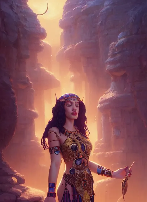 Image similar to Highly detailed portrait of Kat Dennings, as an Egyptian goddess, Stephen Bliss, unreal engine, fantasy art by Greg Rutkowski, Loish, Rhads, ferdinand knab, Makoto Shinkai and Lois van baarle, ilya kuvshinov, rossdraws, Tom Bagshaw, global illumination, detailed and intricate environment