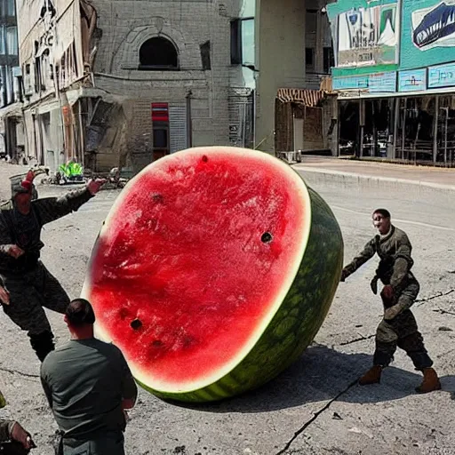 Prompt: The giant watermelon was finally stopped when it ran into a building that was too strong for it to destroy. It was cornered and had nowhere to go. The military was able to contain it and eventually destroy it. Cinematic