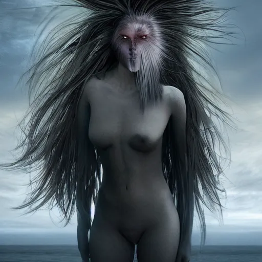 Image similar to A beautiful computer art of a human-like creature with long, stringy hair. The figure has no eyes, only a mouth with long, sharp teeth. The creature is standing on a cliff overlooking a dark, foreboding sea. by Bella Kotak ornamented