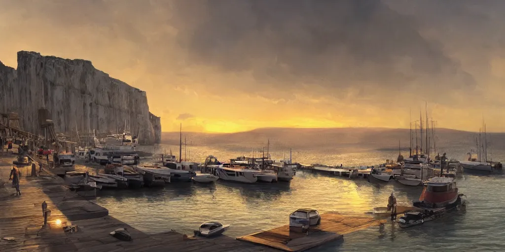 Image similar to wood dock, car on dock, big fishing boat next to the dock with waving sailors. low angle, sunrise, a mediterranean phoenician fishing village in the distance, chalk cliffs above, highly detailed, digital painting, artstation, concept art, sharp focus, illustration, art by artgerm and raphael lacoste and magali villeneuve