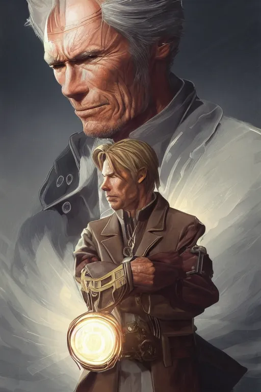 Image similar to clint eastwood as full metal alchemist, portrait, western, duster, fantasy, intricate, elegant, highly detailed, digital painting, artstation, concept art, sharp focus, illustration, art by artgerm and greg rutkowski and alphonse mucha