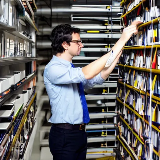 Prompt: a guy with dark hair and glasses doing high energy physics research