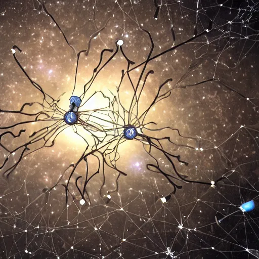 Image similar to army of interconnected neurons made of steel in space with hubble background, vray, 5 5 mm