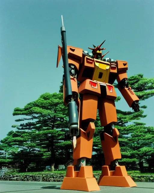 Image similar to a lomographic photo of old gigantic gundam mecha, standing tall above a typical japanese yard in small town, hikone on background, cinestill, bokeh