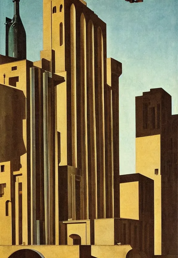 Prompt: [Poster! of a soviet Bordeaux in a stunning brutalism by Giorgio de Chirico, Rene Magritte, George Tooker, Titian]