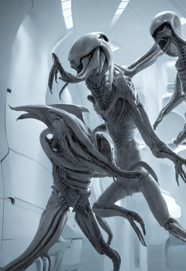 Image similar to a young girl fighting a white xenomorph in the thigh corridors of the covenant vessel, extremely realistic and highly detailed 8 k, sharp focus, mysterious atmospheric lighting, octane render, dramatic volumetric lighting, golden ratio, extremely realistic faces