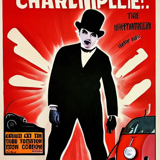 Prompt: Charlie Chaplin as The Terminator, movie poster, dramatic lightning