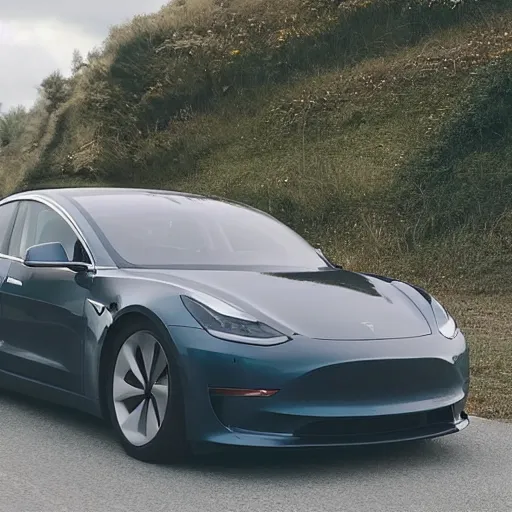 Image similar to Steam engined Tesla Model 3 on a rural highway