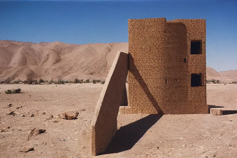 Prompt: film still of monumental gigantic prehuman building in the desert, by Étienne-Louis Boullée ektachrome full-HD