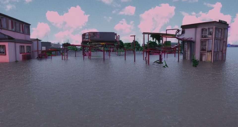 Image similar to 80s VHS vaporwave outrun 3d Render of a flooded german playground, liminal space retro, grainy, noisy