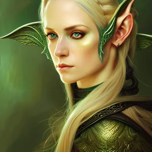 Prompt: Portrait of serious female elven priest, D&D, green eyes, face, long blonde hair, demon wings, fantasy, intricate, elegant, highly detailed, digital painting, artstation, concept art, smooth, sharp focus, illustration, art by artgerm and greg rutkowski and alphonse mucha