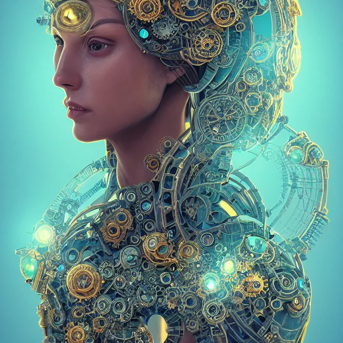 Image similar to beautiful symmetrical face portrait android woman time machine axonometric mechanical fantasy intricate elegant highly detailed in volumetric void of latent space lush flowers intricate jewellery, realm of the gods golden turquoise steampunk, axonometric high contrast cinematic light, mystical shadows, digital painting, sharp focus, octane render, photographic, concept art, artist leonardo davinci, unreal engine 8 k
