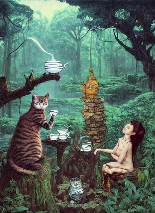 Image similar to cat having tea with a sorceress at a shrine in the woods by a stream, river gorgeous lighting, lush forest foliage blue sky a hyper realistic painting by chiara bautista and beksinski and norman rockwell and greg rutkowski weta studio, and lucasfilm