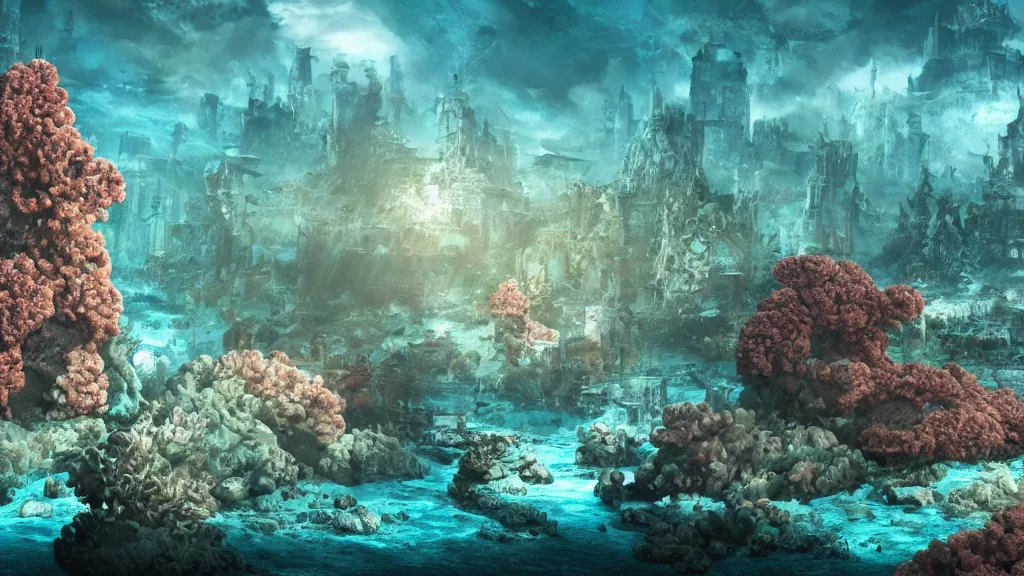 Image similar to an underwater city engulfed in corals, fantasy artwork, very very very beautiful scenery, hd, hdr, ue5, ue6, unreal engine 5, cinematic 4k wallpaper, 8k, ultra detailed, high resolution, artstation, award winning