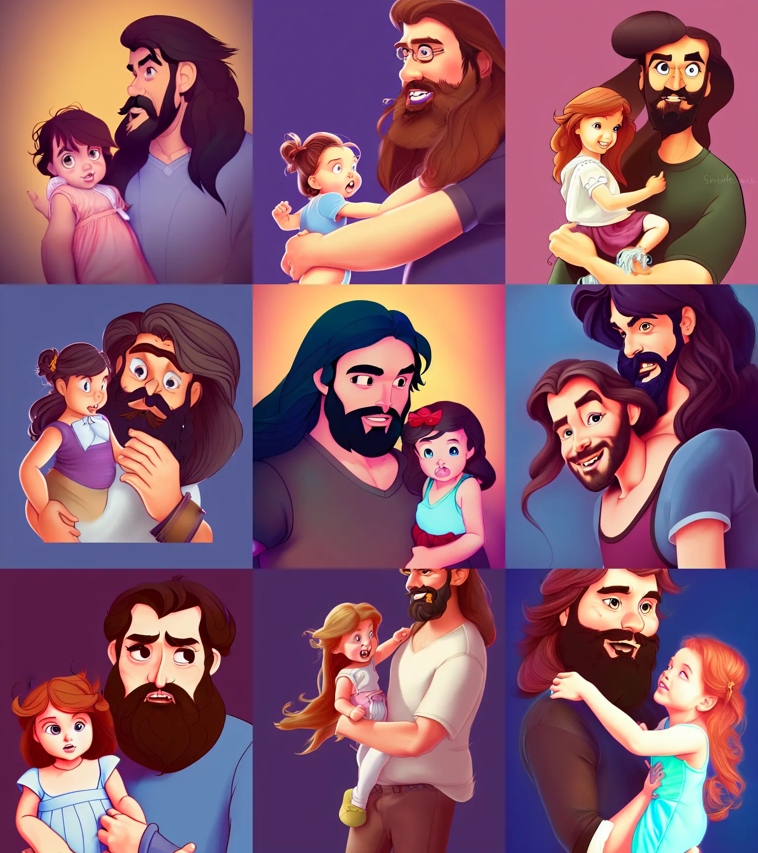 Prompt: a long - haired bearded father and his child toddler girl full color digital illustration in the style of don bluth, artgerm, artstation trending, 4 k