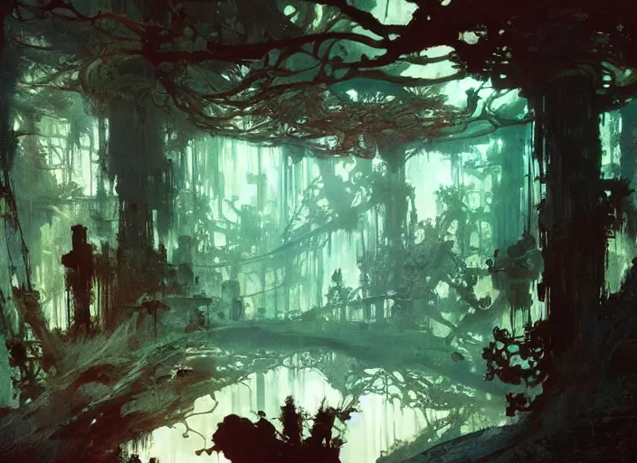 Image similar to treehouse interior, intricate, elegant, highly detailed, vivid colors, john harris, frazetta, tyrus wong, ruan jia, jeffrey catherine jones