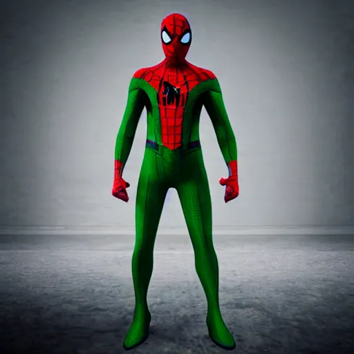 Image similar to green spider - man suit with black web lining, cinematic, volumetric lighting, realistic, hyperdetailed, photorealistic, photograph