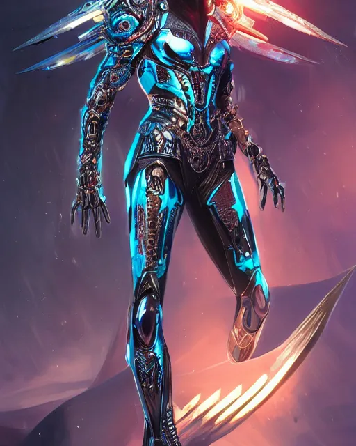 Prompt: the omnipotent assassin, vivid award winning digital artwork, intricate black sharp hooded semi - cybernetic athletic body armor, beautiful iridescent colors, technology cloak, long spikes, glowing face, detailed realistic, specular colors, ornate colored gems and crystals, character art by wlop, greg rutkowski and artgerm