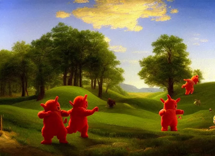 Image similar to american realist romanticism landscape painting of teletubbies in the style of hudson river school and thomas cole and albert bierstadt and robert duncanson