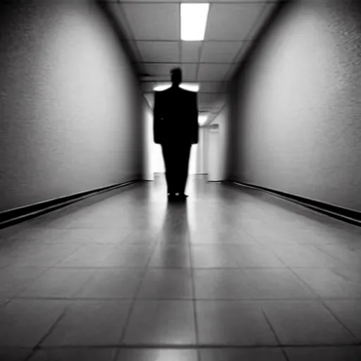 Prompt: a dark figure at the end of a creepy empty office hallway. movie still. craiglist photo.