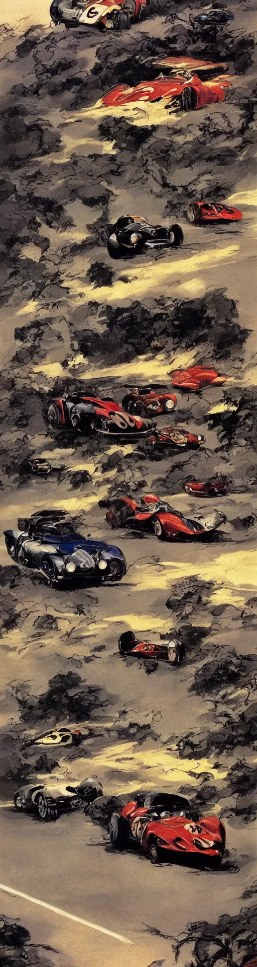 Image similar to a detailed road with racing cars by frank frazetta